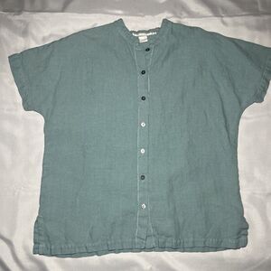 Vtg M.A.C Collection Women's 100% Linen Button Up Shirt Size L Made in USA Blue